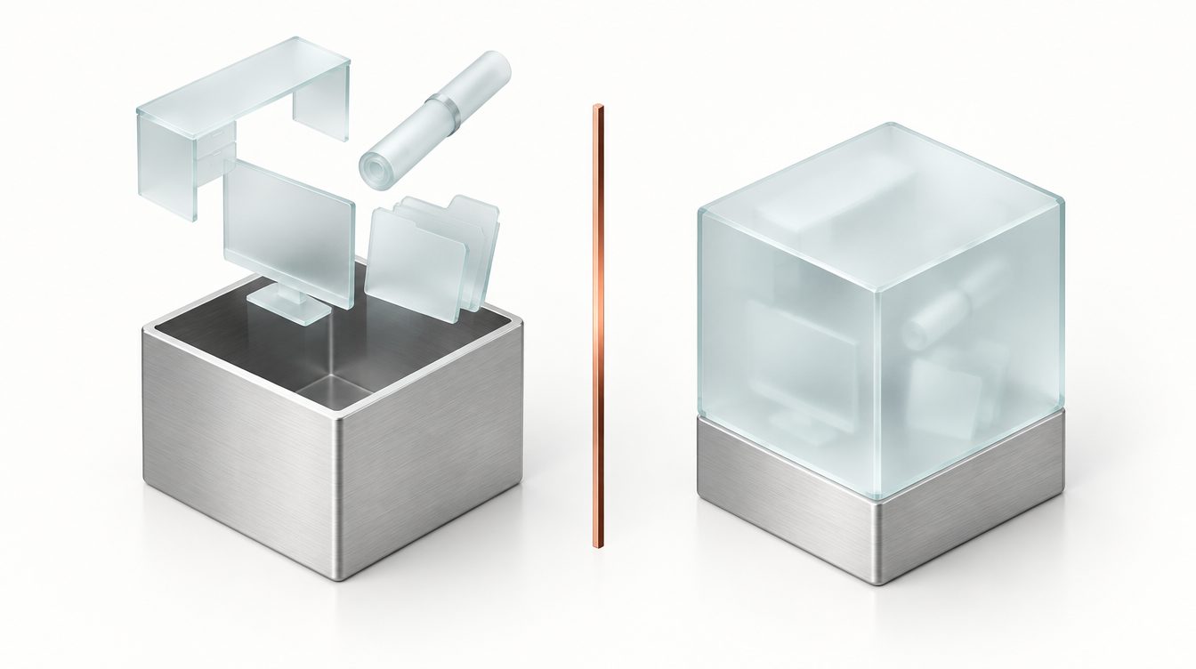 Zwei Silberboxen: links einzelne Glasobjekte, rechts ein geschlossener Glaswürfel, dazwischen eine Kupferlinie