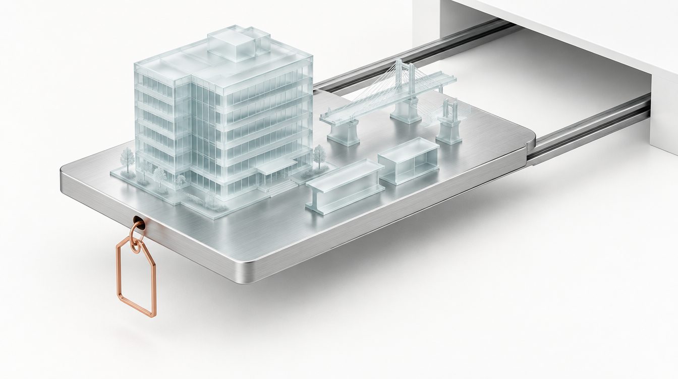 Glasmodell eines Ingenieurb&uuml;ros mit Br&uuml;ckensegment und Tr&auml;gern auf einem Silbertablett auf Schienen